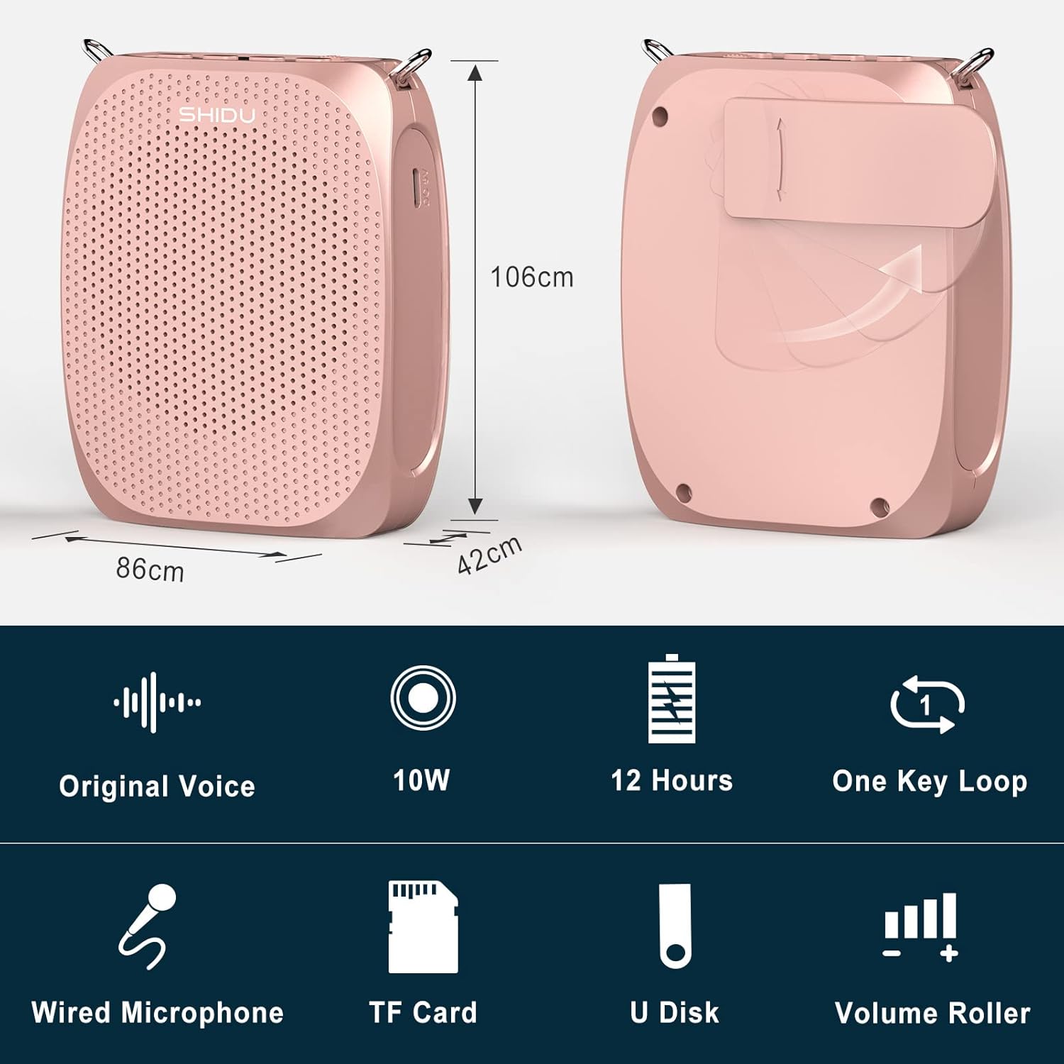 SHIDU Amplificador de voz para profesores, megáfono, sistema PA portátil con micrófono (trabajo de 12 horas) soporta audio de formato MP3 para guías