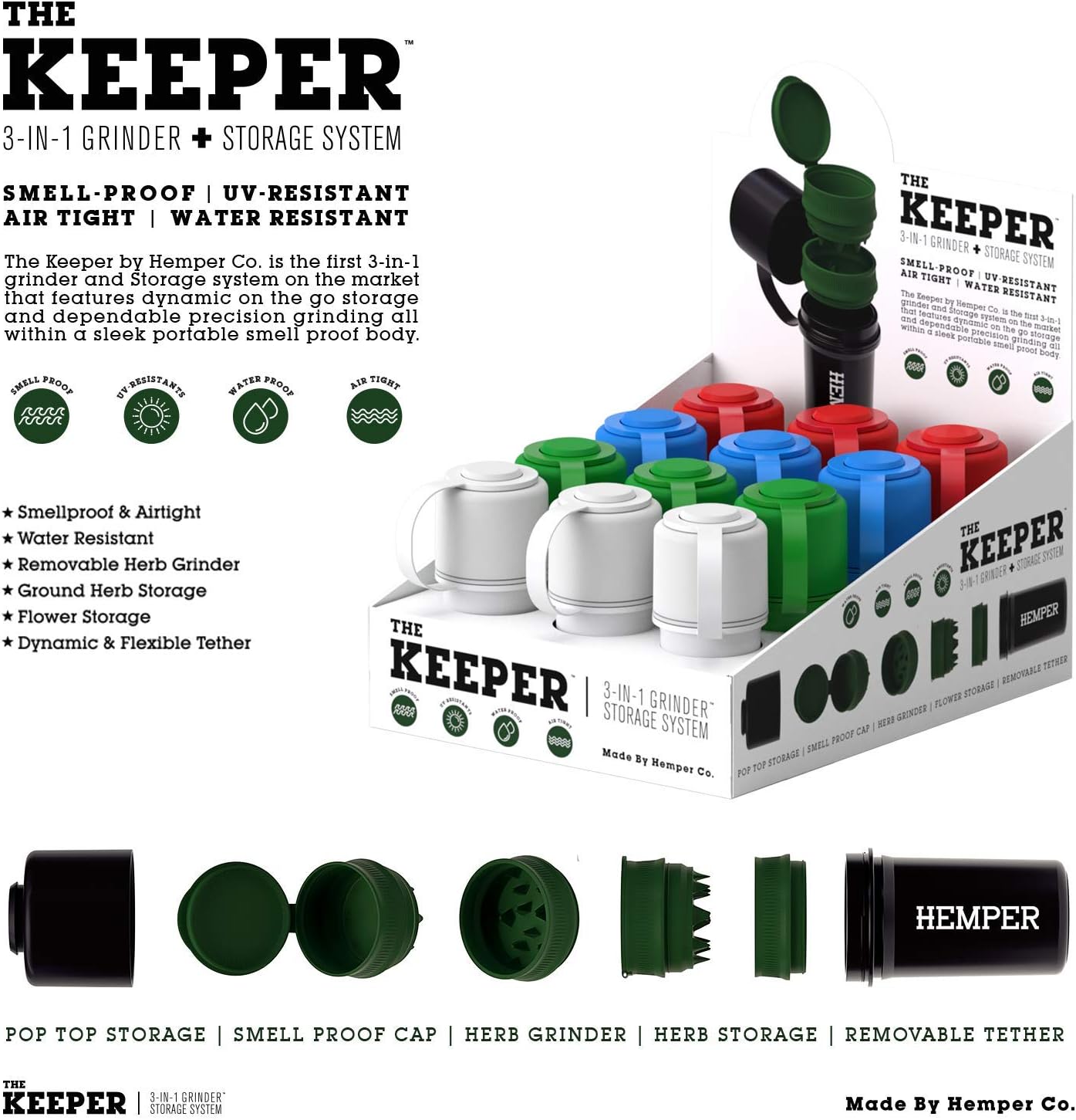 HEMPER Keeper – Molinillo 3 en 1 + sistema de almacenamiento con almacenamiento a prueba de olores con correa de sujeción lista para viajar  Ligero
