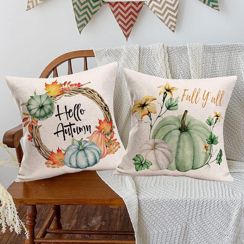 Juego de 4 fundas de almohada de calabaza para decoración de otoño para el hogar, 22 x 22 pulgadas, juego de 4 flores de hoja de arce con camión