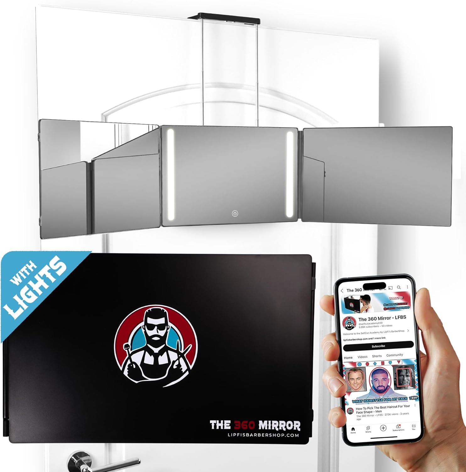 LIPFISBARBERSHOPCOM Espejo de 360 – Espejo de 3 vías para corte de pelo automático con ganchos telescópicos ajustables en altura negro con luces LED LIPFISBARBERSHOPCOM Espejo de 360 – Espejo de 3 vías para corte de pelo automático con ganchos telescópicos ajustables en altura negro con luces LED