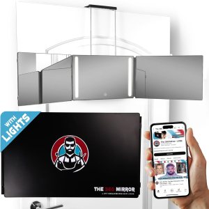 LIPFISBARBERSHOPCOM Espejo de 360 – Espejo de 3 vías para corte de pelo automático con ganchos telescópicos ajustables en altura negro con luces LED LIPFISBARBERSHOPCOM Espejo de 360 – Espejo de 3 vías para corte de pelo automático con ganchos telescópicos ajustables en altura negro con luces LED