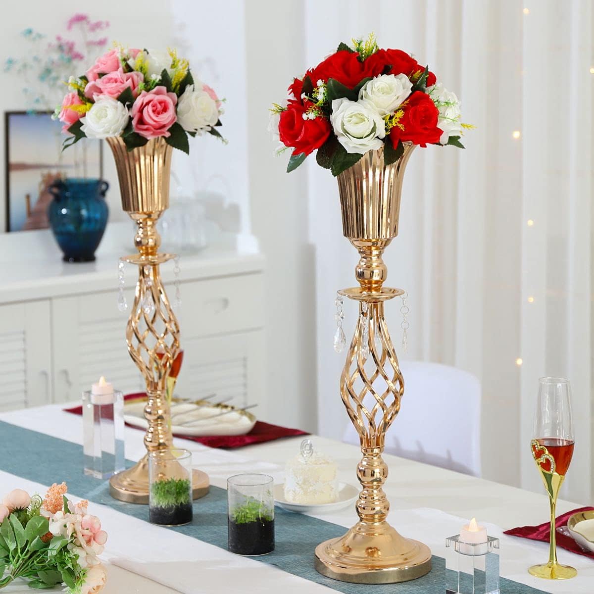 Centros de mesa dorados de 23.2 pulgadas para mesa de boda, 2 centros de mesa de flores de boda para mesas, centros de mesa de jarrón de flores de