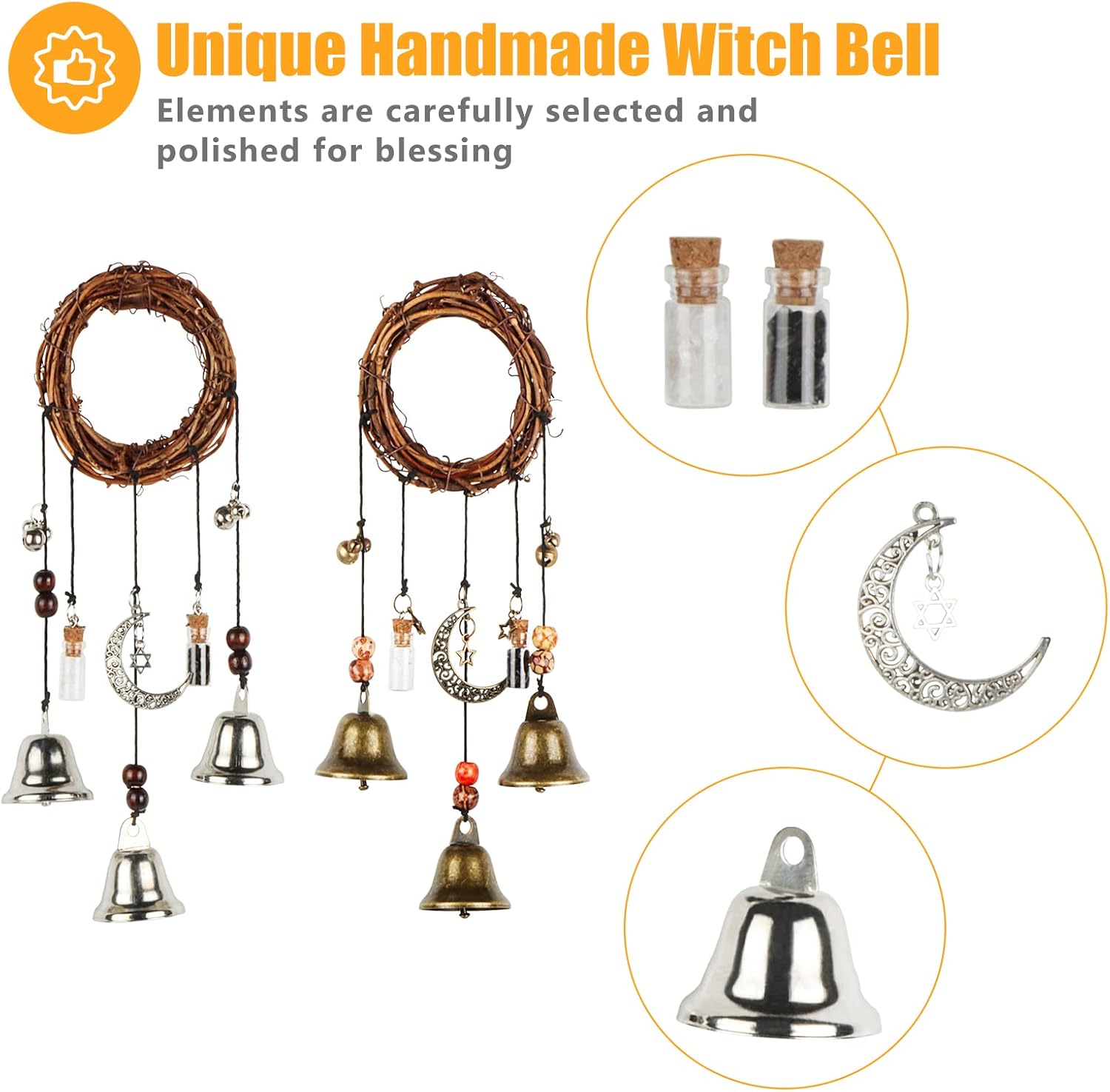 Campanas de bruja para protección del hogar, decoración pagana para atraer positivos y expulsar negativos, campanas de Navidad plateadas colgantes,