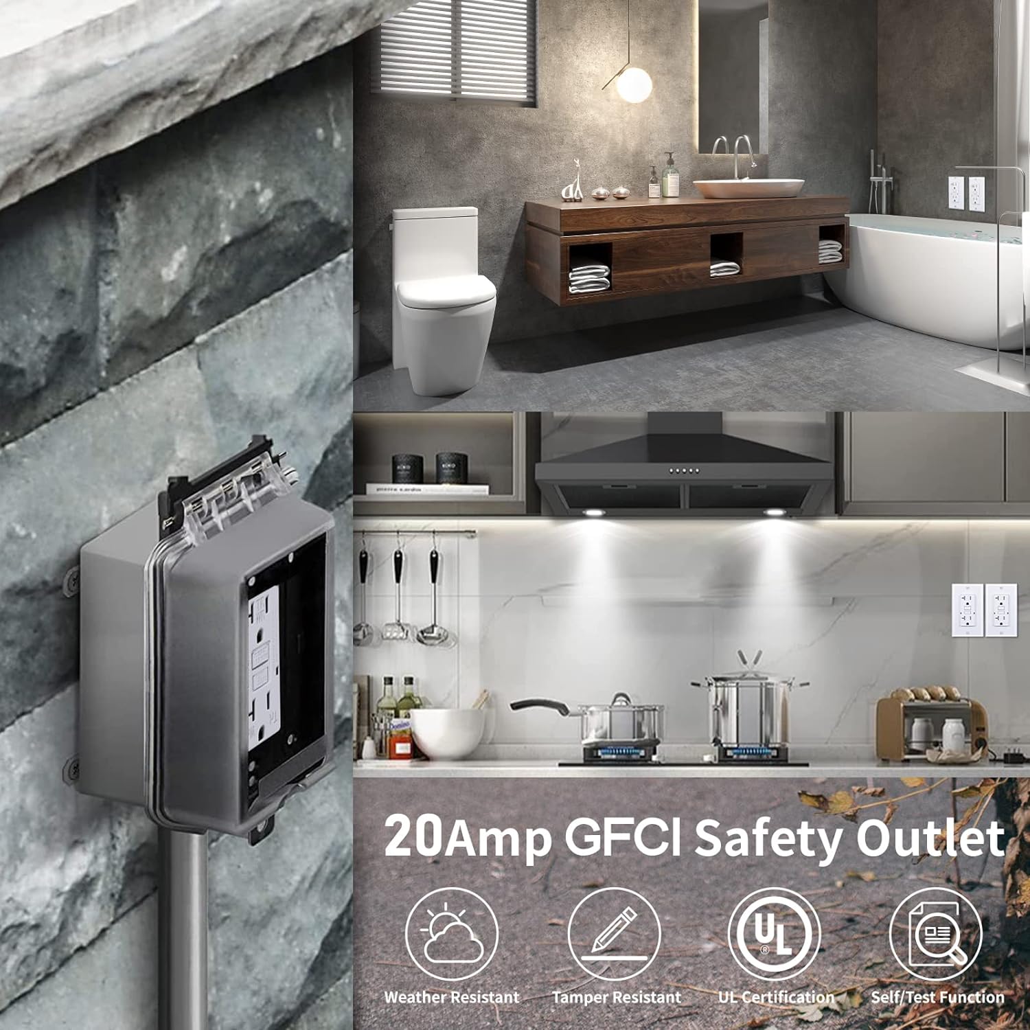 Toma GFCI de 20 amperios, resistente a manipulaciones, resistente a la intemperie, uso en interiores o exteriores, indicador LED con placas de pared