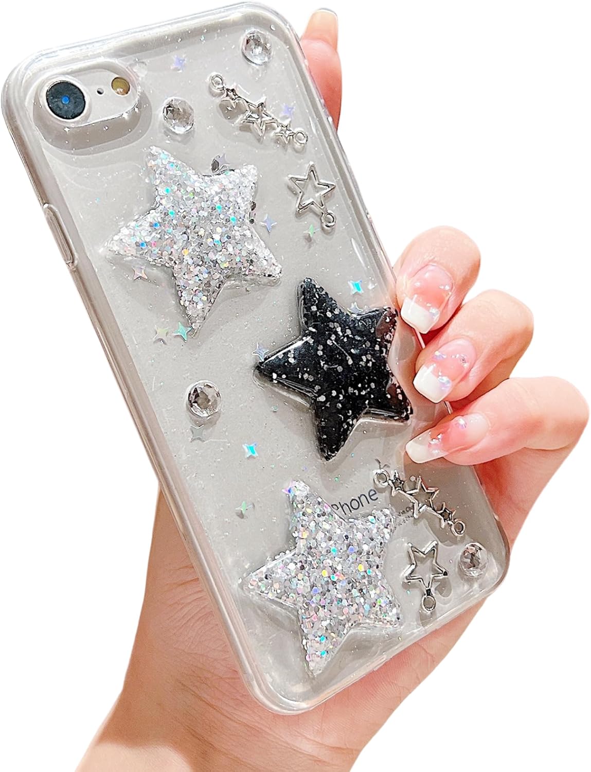 HJWKJUS Funda compatible con iPhone 6, iPhone 6s para mujeres y niñas, bonita funda protectora de TPU suave con purpurina y estrellas 3D con perlas