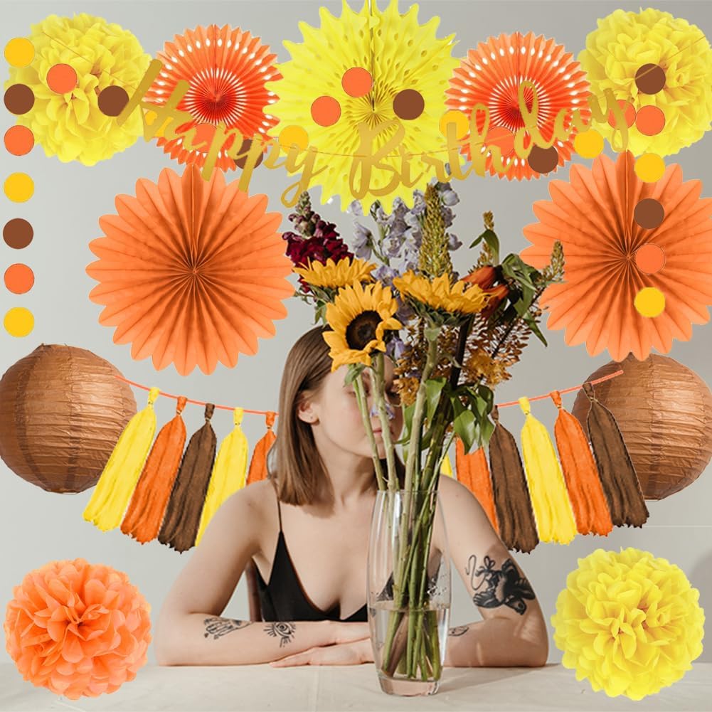 Decoraciones de fiesta de cumpleaños de otoño, abanicos de papel naranja y amarillo, pompones de papel, faroles de papel marrón, borla de papel,