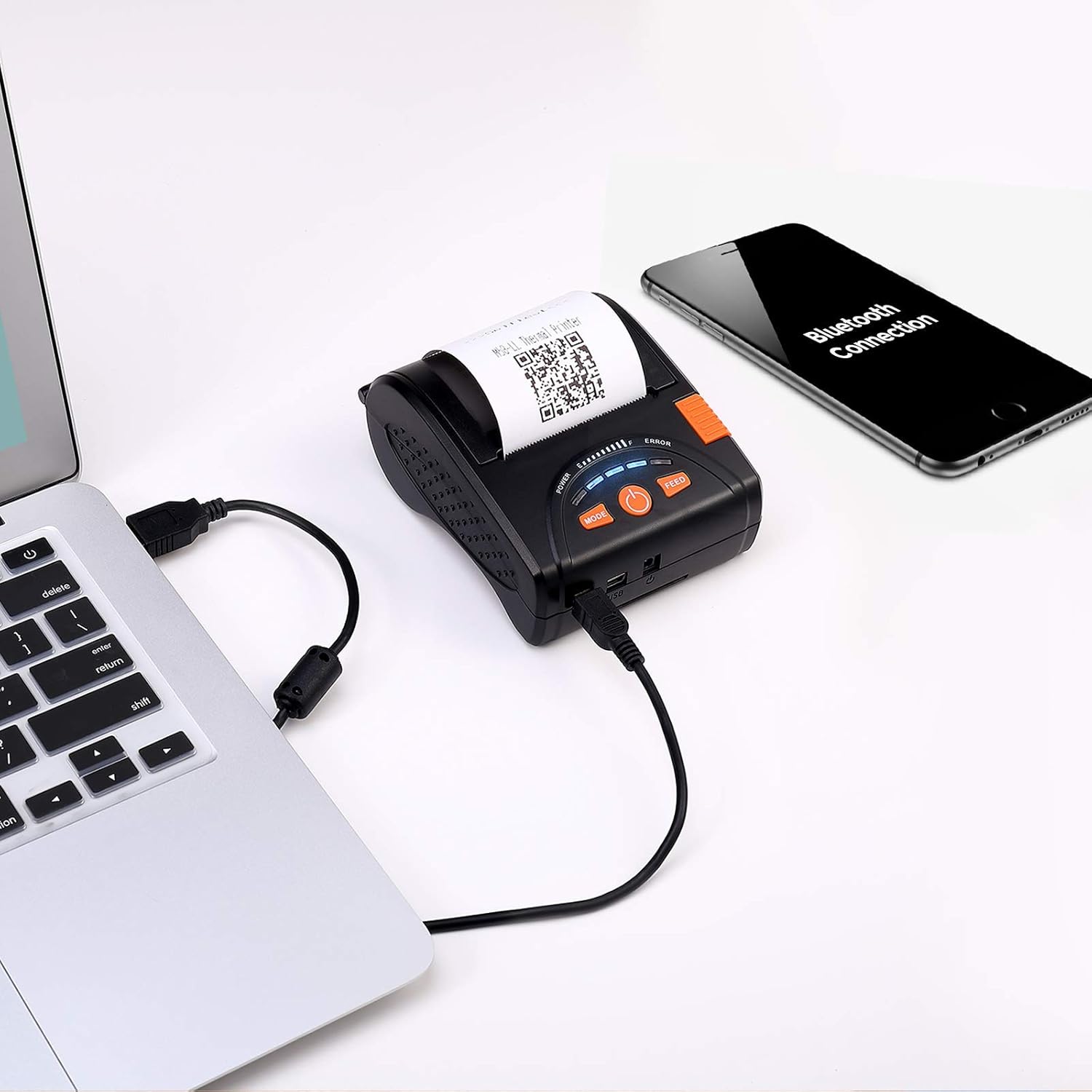 MUNBYN Mini impresora de recibos Bluetooth inalámbrica de 2.283 in y papel térmico de 2 14 x 50 pies (20 rollos), papel de recibo de 2.283 in sin BPA