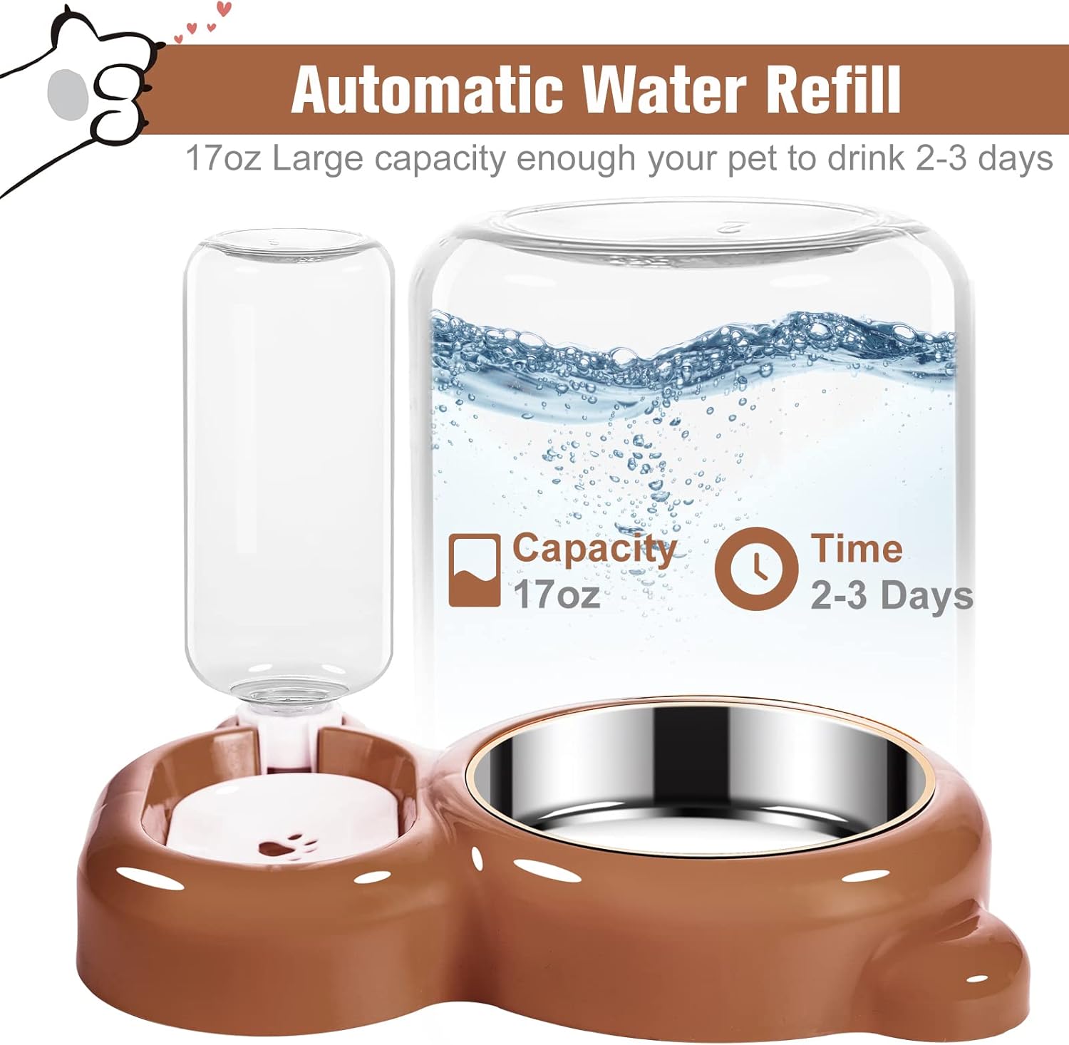 Juego de cuencos para perros, comida y agua para gatos con dispensador de agua y cuenco de acero inoxidable para gatos y perros pequeños, color