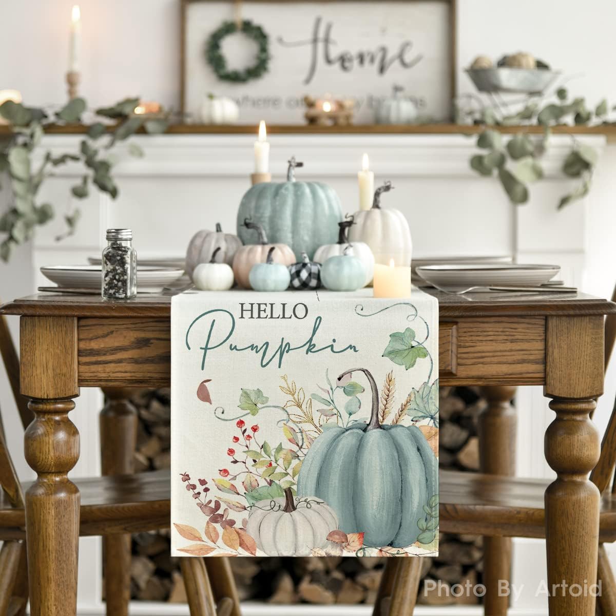 Artoid Mode Aqua Hello – Camino de mesa de otoño con hojas de calabaza, decoración de mesa de comedor de cocina de otoño de temporada para