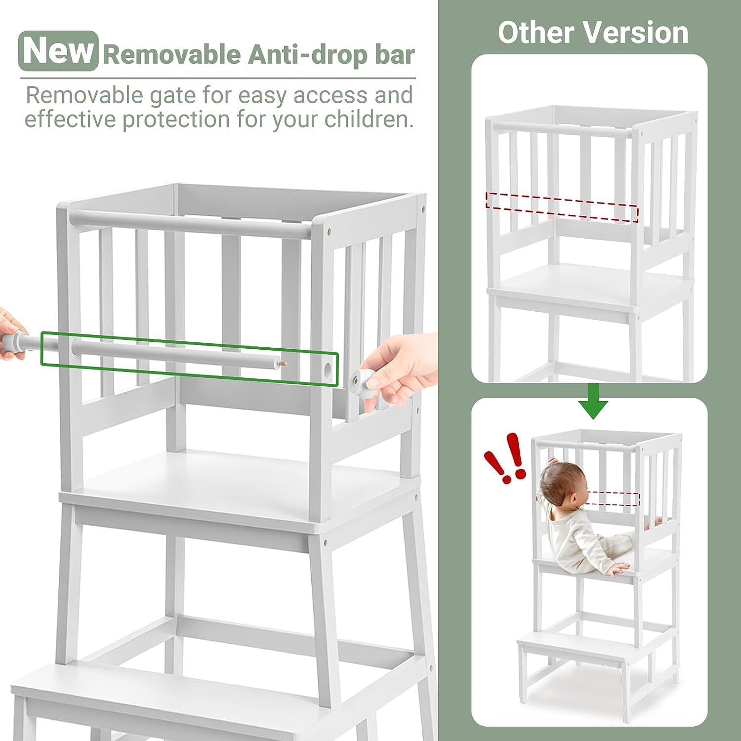 COSYLAND Taburete de cocina para niños con guantes, barandilla de seguridad extraíble anticaída, alfombrilla antideslizante para pie, taburete de