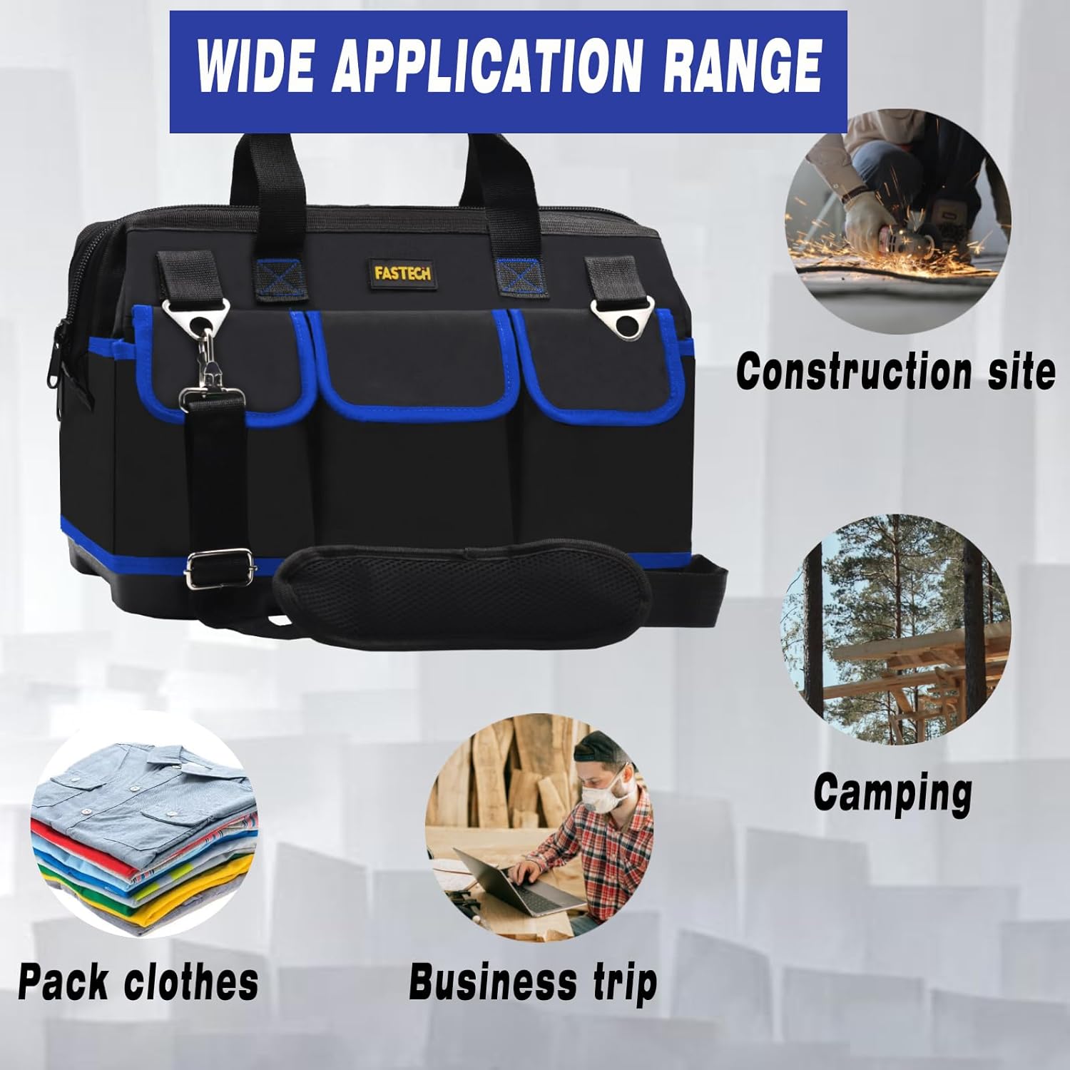 Bolsa de herramientas de 22 pulgadas, kit de herramientas de boca ancha impermeable, organizador de bolsa de herramientas resistente con correas