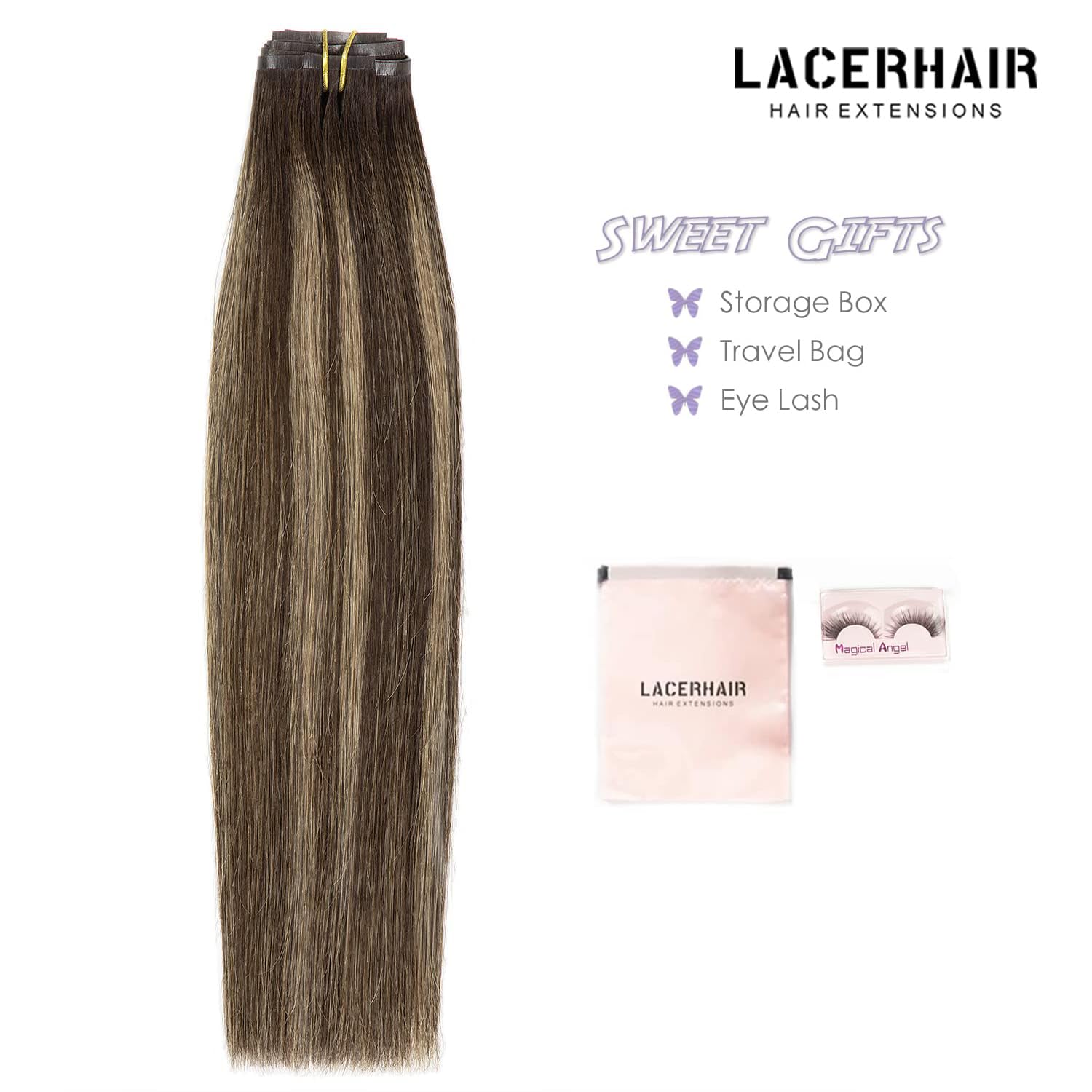Lacer Extensiones de cabello humano con clip, sin costuras, con raíces de castaño castaño mezclado con marrón oscuro con raíces marrón oscuro,