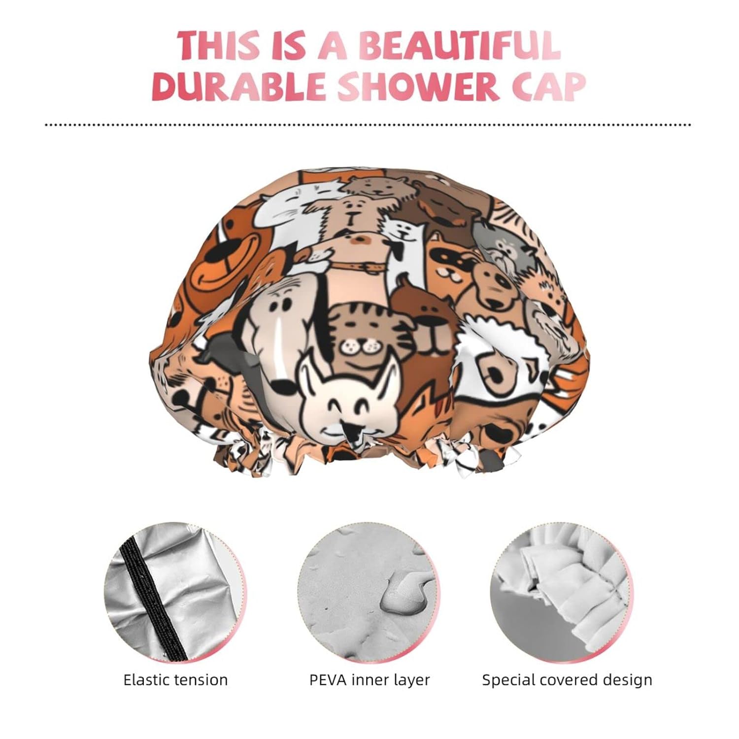 Doodle – Gorro de ducha de perros y gatos para mujer, doble capa impermeable, sombrero de ducha grande diseñado para todos los cabellos