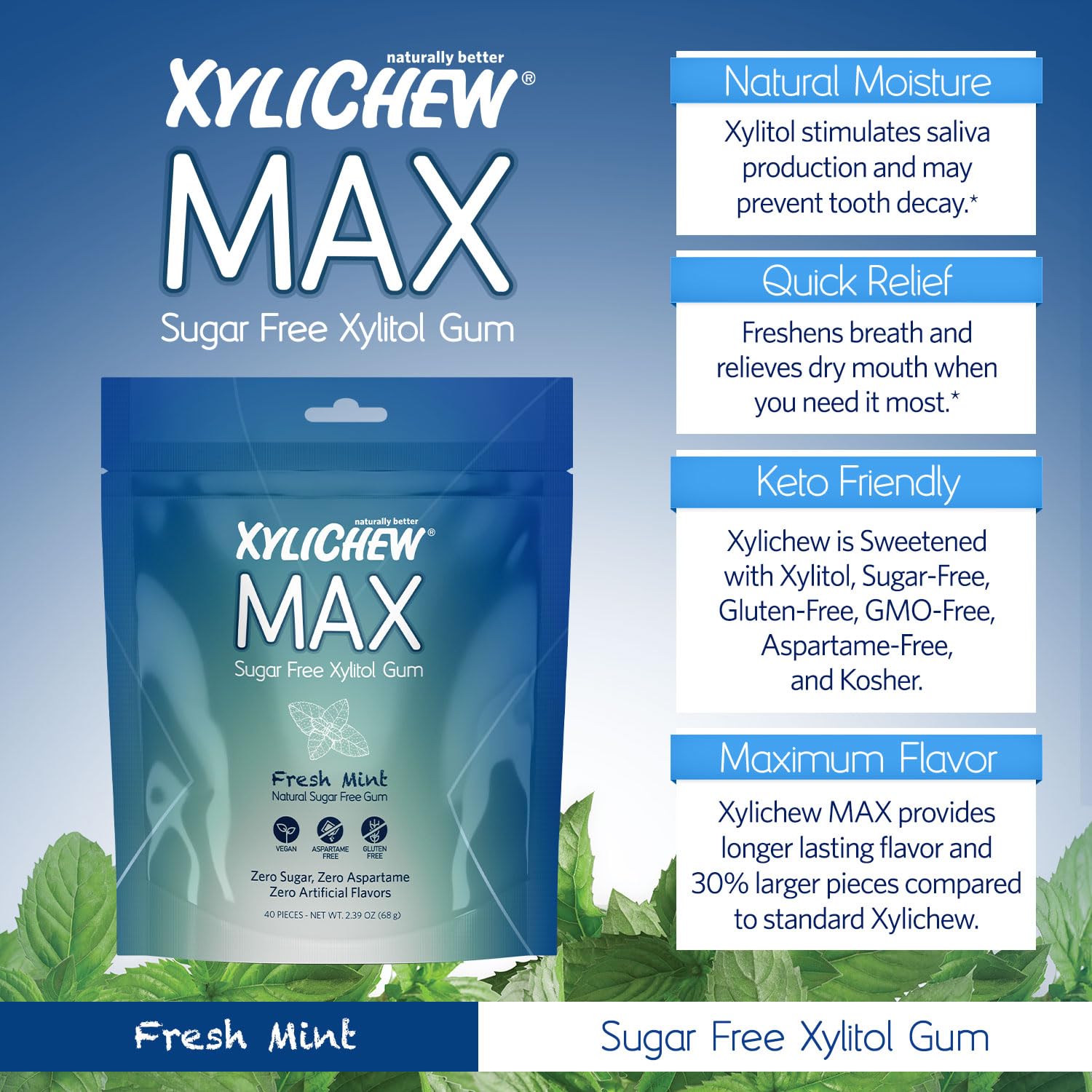 Xylichew MAX – Goma de mascar con xilitol, sin OMG, sin aspartamo, sin gluten, sin azúcar, con stevia y fruta del monje, cuidado bucal natural,