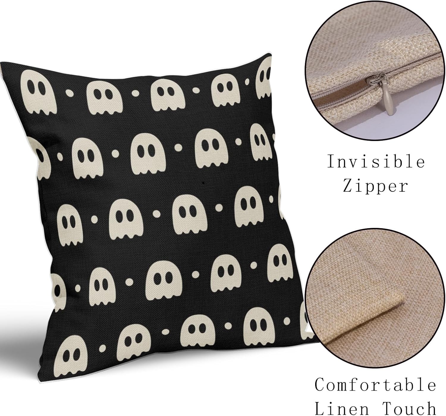 Juego de 2 fundas de almohada de fantasma negro y beige de 18 x 18 pulgadas  18.0 x 18.0 in., bonitas fundas de almohada decorativas de lino de