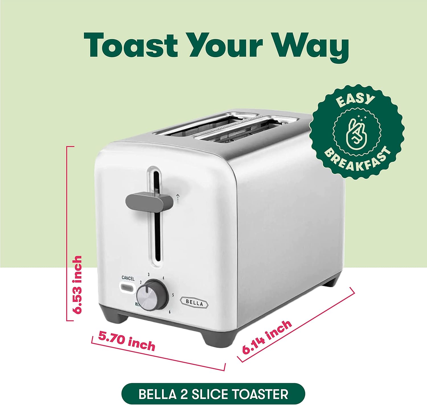 BELLA Tostadora de 2 rebanadas, resultados rápidos y uniformes cada vez, ranuras anchas que se adaptan a cualquier tamaño de pan como bagels o