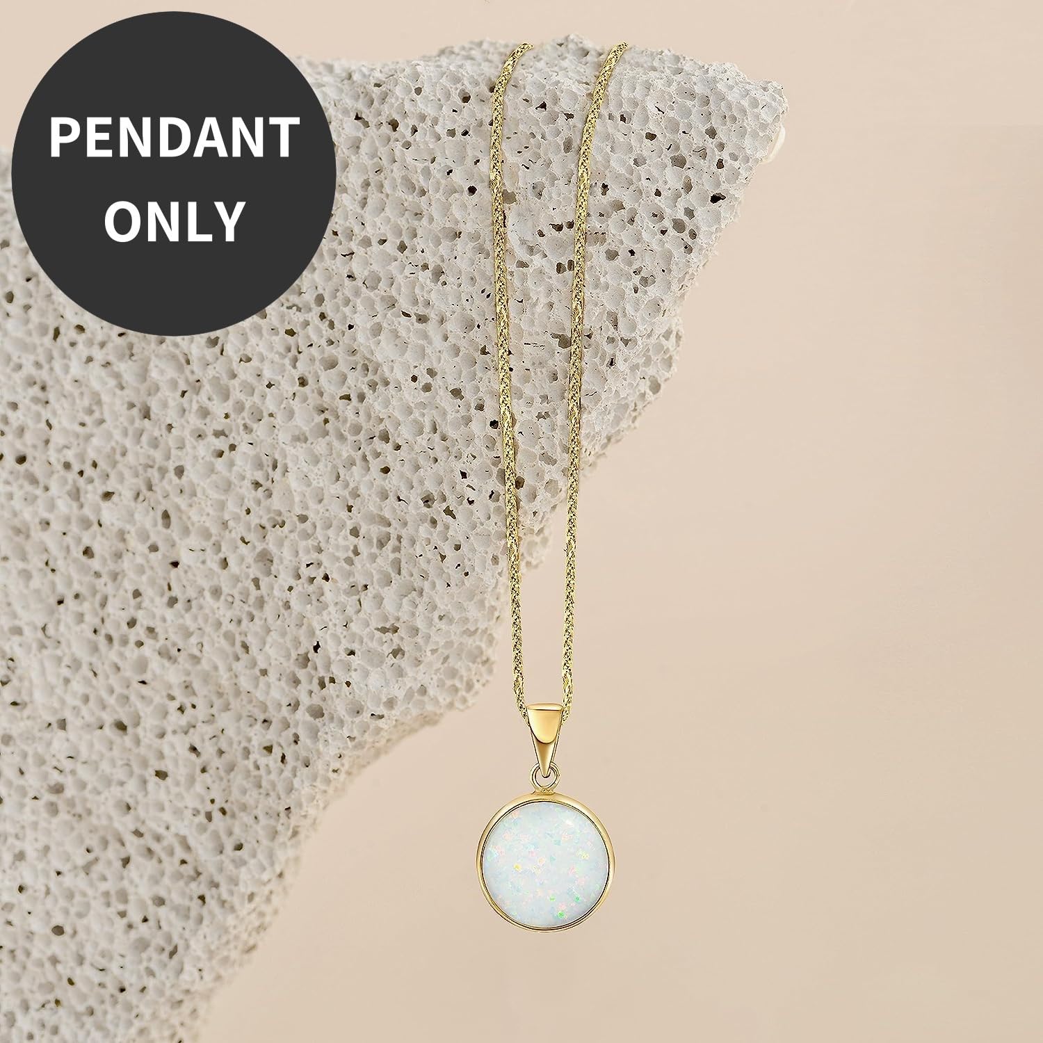 14K Gold White Opal Pendant – 14K Solid Yellow Gold Dainty Pendant with October Birthstone Pendant, 12mm Large Size Opal Gemstone – Handmade Bridal