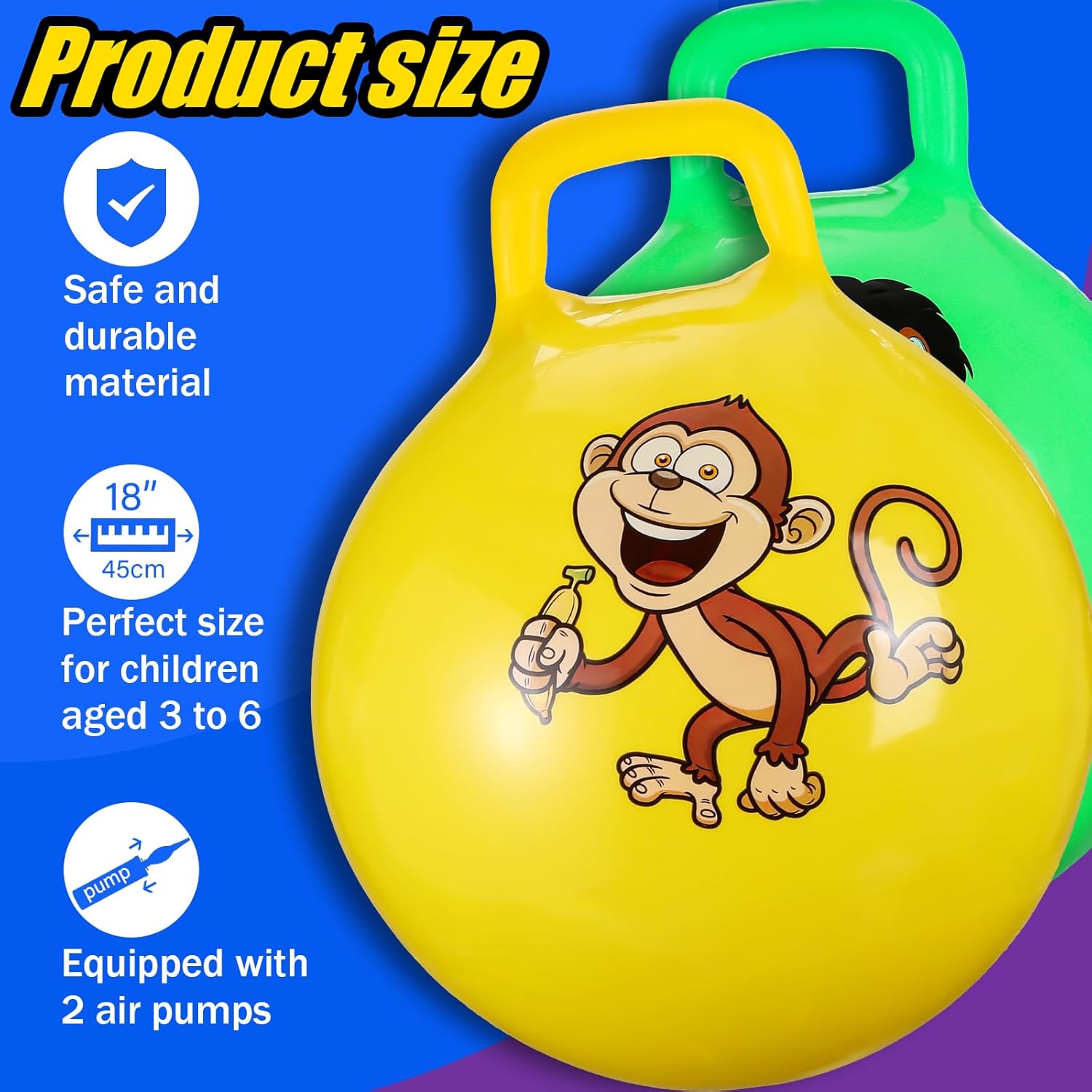 4 pelotas inflables de 18 pulgadas para niños de 3 a 6 años, pelota de tolva con mango y bomba, pelota de rebote de hippity hop con animales de