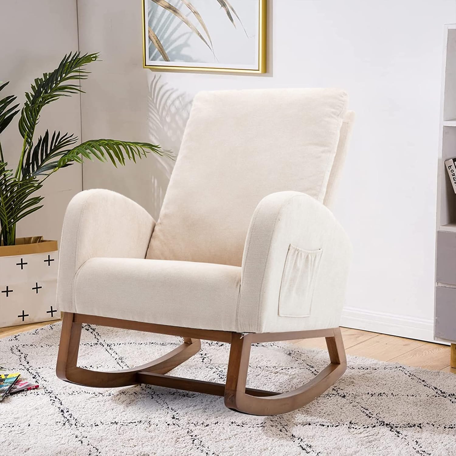 SSLine Mecedora tapizada, moderna y cómoda, de tela, para sala de estar, dormitorio, sala de estudio, silla mecedora de oficina (beige)