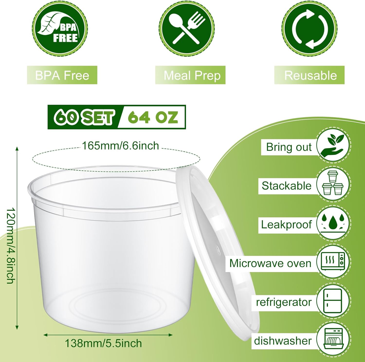 60 juegos de recipientes de plástico con tapas, recipientes de almacenamiento de alimentos, tazas de sopa, a prueba de fugas, microondas,
