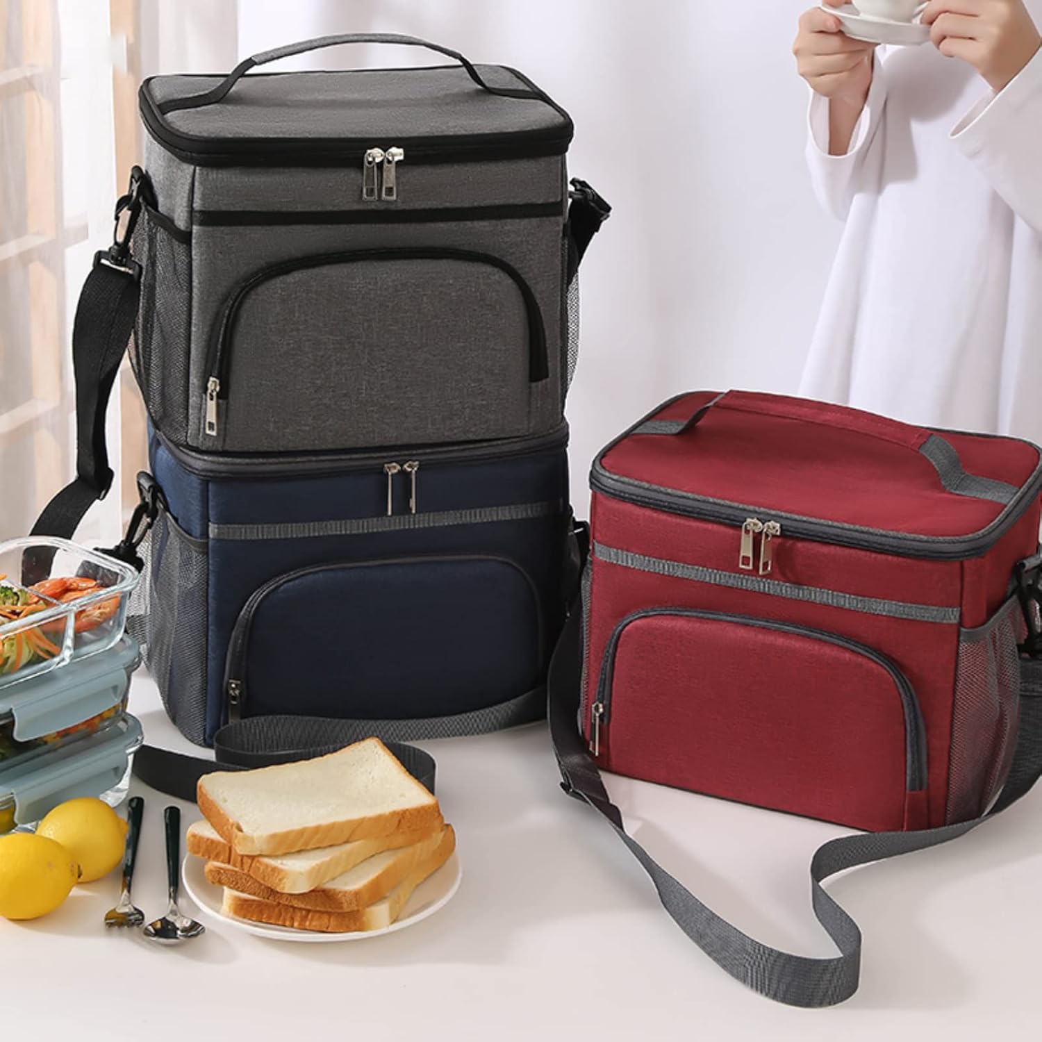 HOMHOLDON Lonchera de 15 litros para mujeres y hombres, lonchera aislada a prueba de fugas, bolsa de mano con correa ajustable para el hombro,
