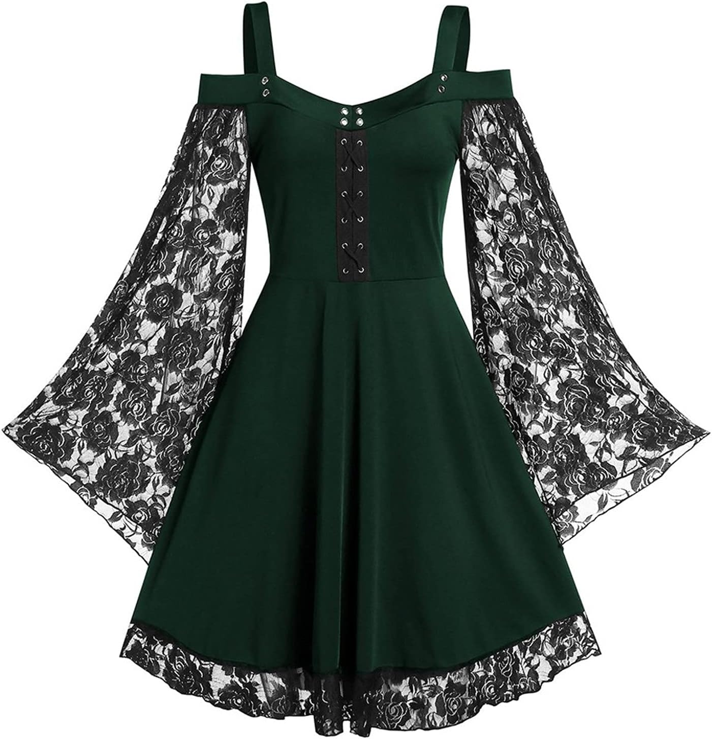Vestido gótico con hombros descubiertos para mujer, con encaje, manga acampanada, vestido de cóctel formal, vestido de cóctel punk para Halloween,
