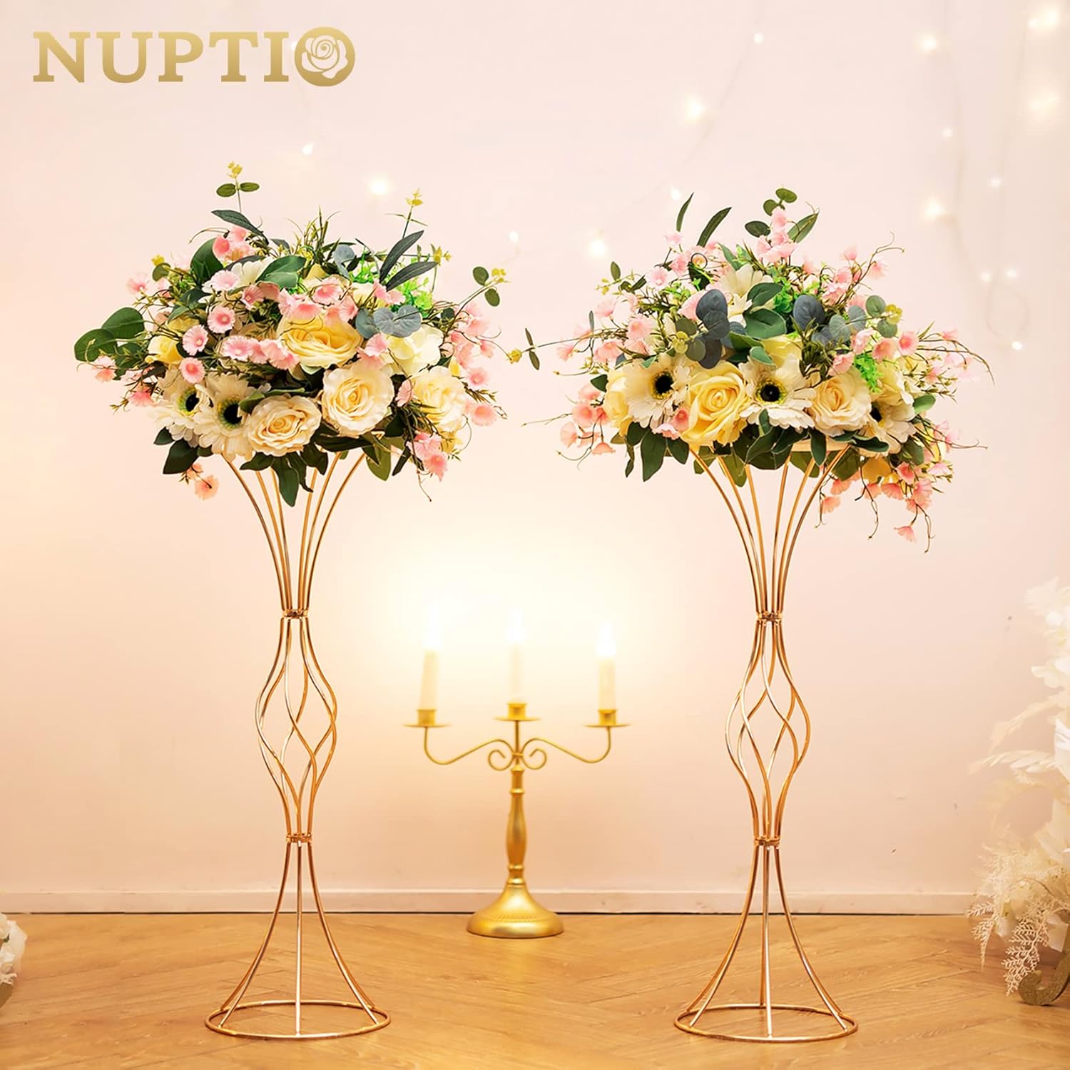 NUPTIO Jarrón de trompeta de metal dorado para bodas, 26 pulgadas de alto, 2 unidades