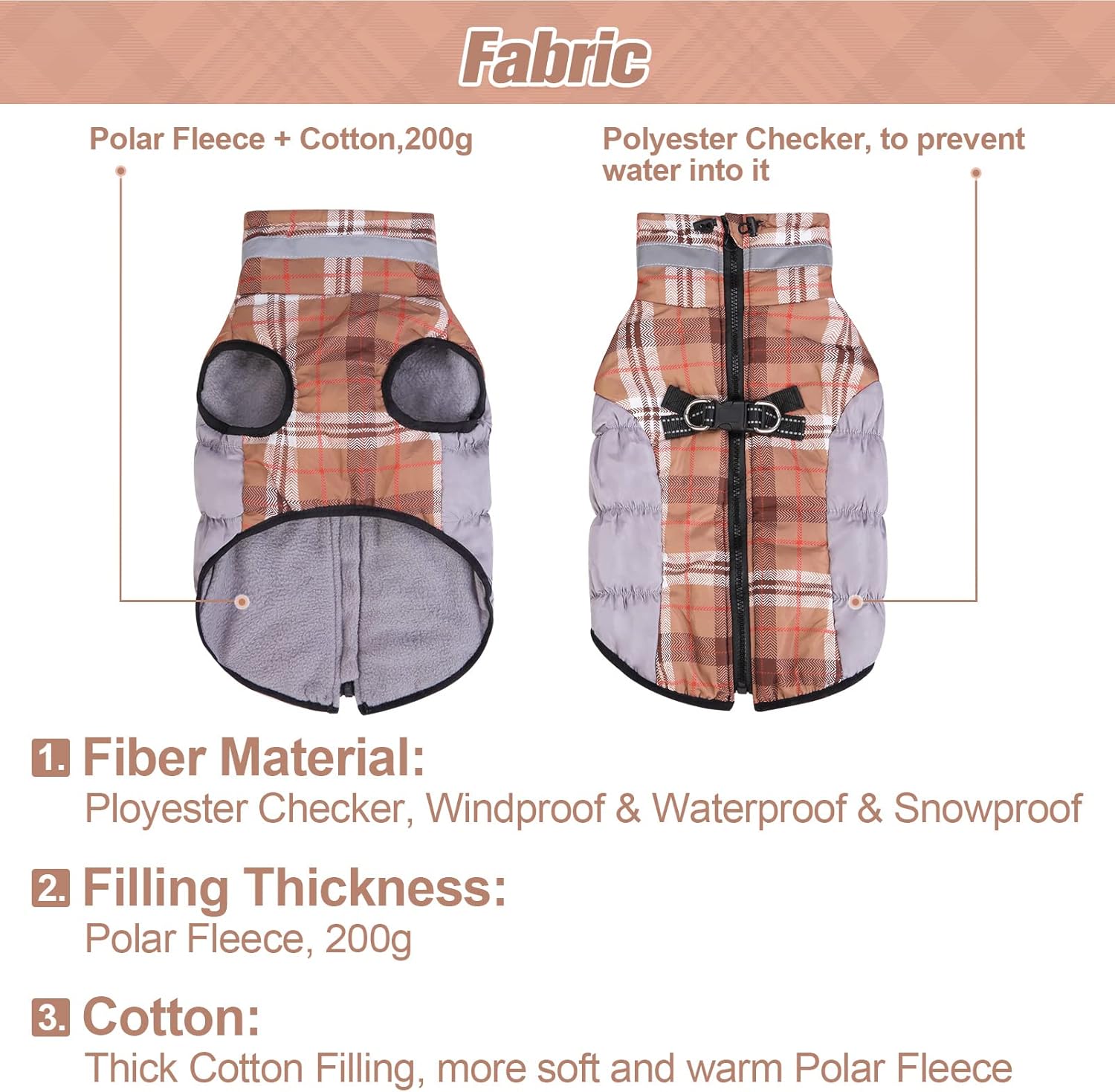 BEAUTYZOO Abrigo de invierno a cuadros para perro, chaqueta reflectante mejorada para perro, forro polar acolchado con arnés integrado, ropa