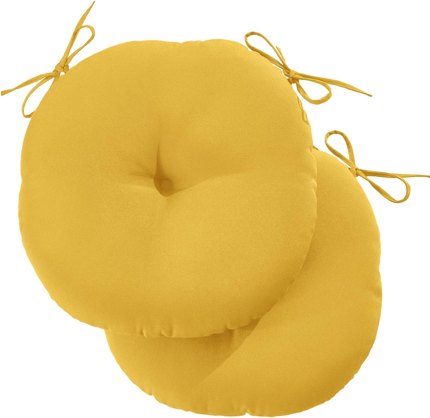 LOVTEX Bistro – Juego de 2 cojines redondos para sillas de exterior de 15 pulgadas, impermeables, redondos, con lazos, cojines amarillos para sillas