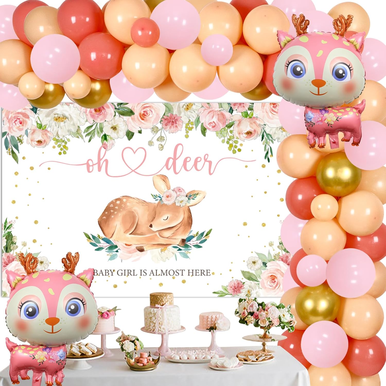 Decoraciones de ciervos para baby shower para niña, kit de arco de guirnalda de globos de ciervo con telón de fondo rosa para cervatillo, animales,