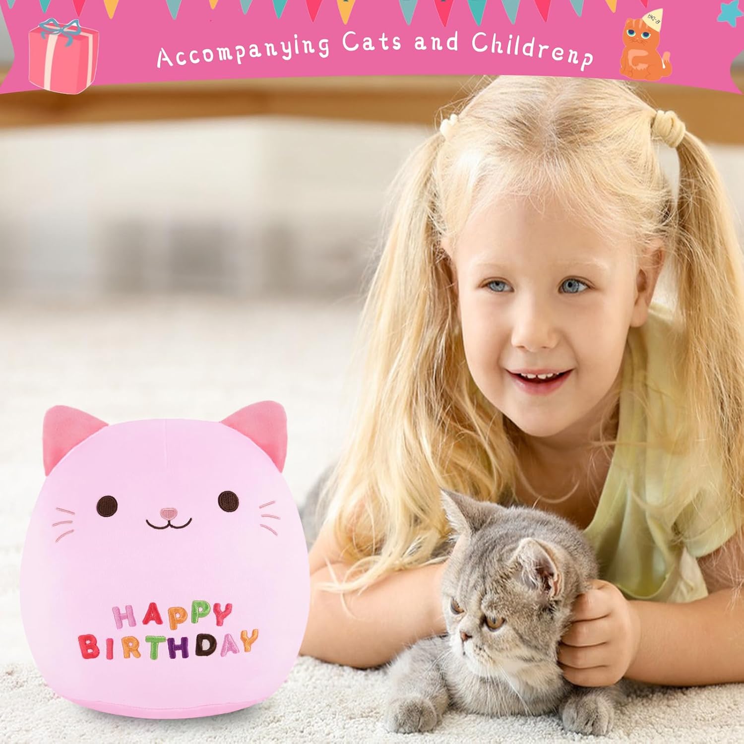 Almohada de felpa de cumpleaños de gato de 9 pulgadas, lindo juguete de peluche de cumpleaños de gato rosa, decoración de fiesta de cumpleaños,