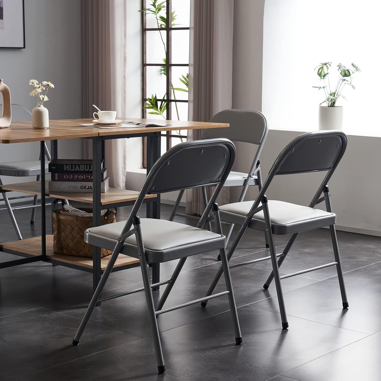 Karl home Paquete de 8 sillas plegables grises con asientos acolchados para exteriores e interiores, asiento comercial apilable portátil con marco
