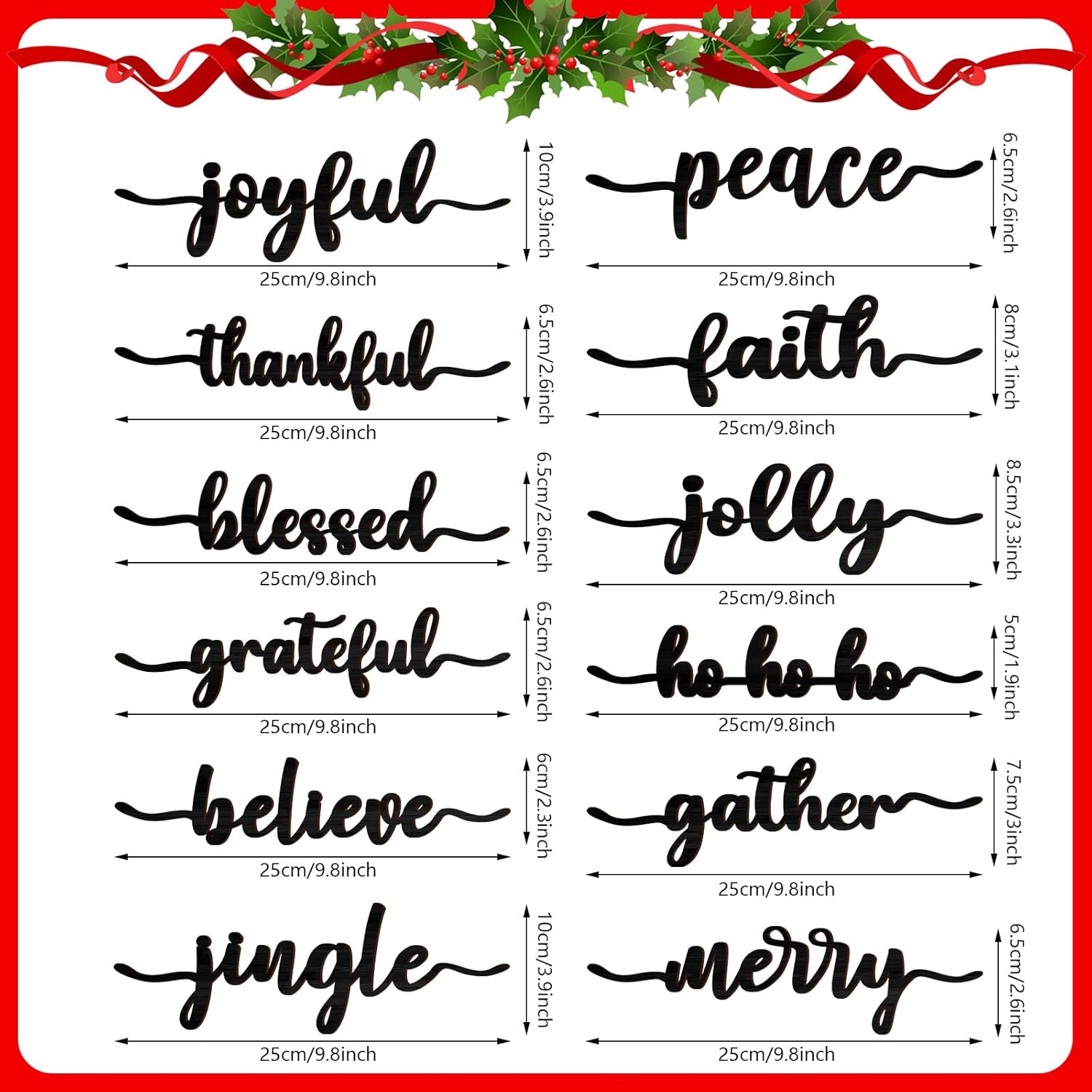 12 piezas de Navidad con recorte de madera con recorte de madera con texto en inglés “Joyful Merry Thankful Grateful Blessed Peace Gather”, letrero