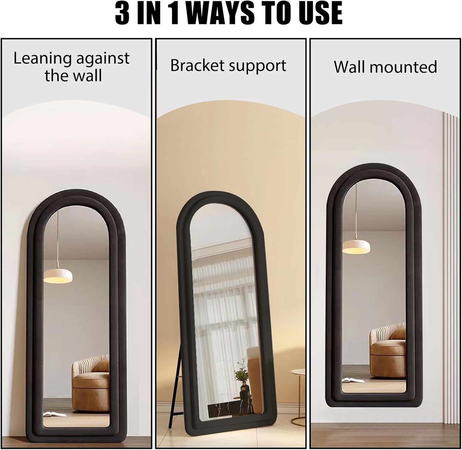Espejo de franela de longitud completa con soporte arqueado para colgar en la pared, espejo corporal de 63 x 24 pulgadas, HD modernos y grandes