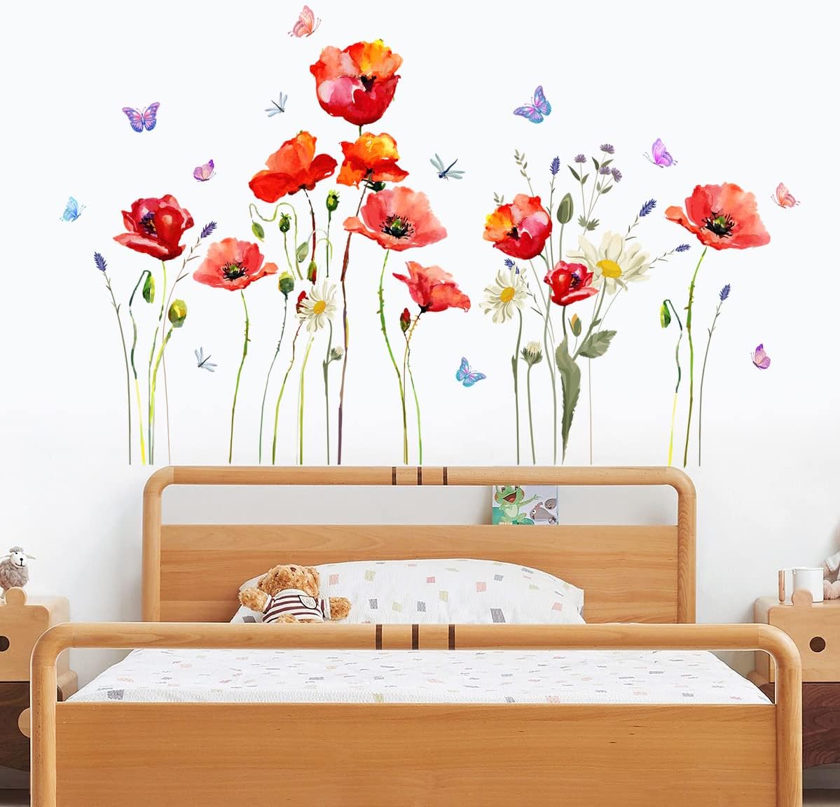 Calcomanías de pared de flores de amapola roja, margaritas florales y mariposas, calcomanías de pared para bricolaje, hojas verdes, plantas y