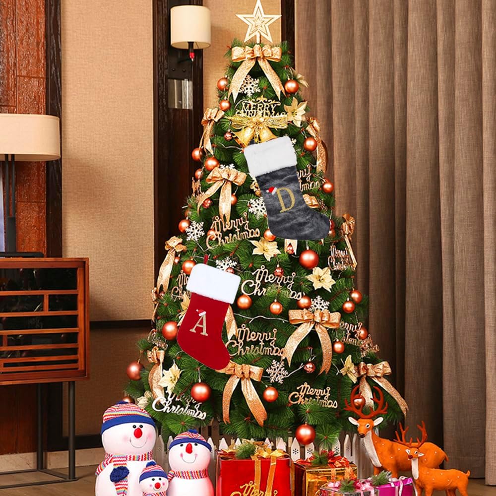 Calcetines de Navidad con iniciales de 20 pulgadas, terciopelo rojo y gris con puños de felpa súper suaves, monograma bordado, calcetín de Navidad