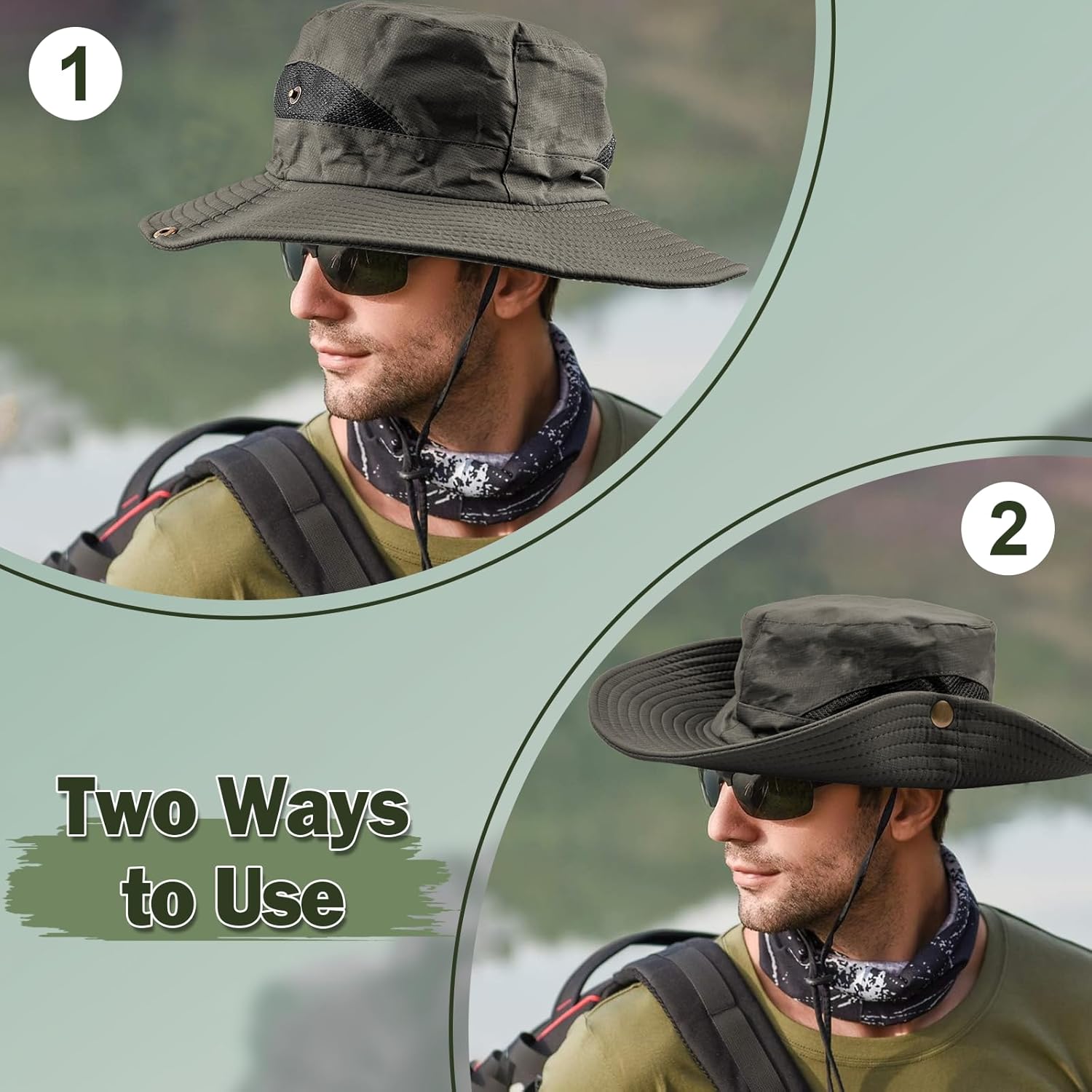 Sombreros de sol para hombre, sombrero de pesca de ala ancha, sombrero de safari con doble capa de malla transpirable, diseño de ala plegable,