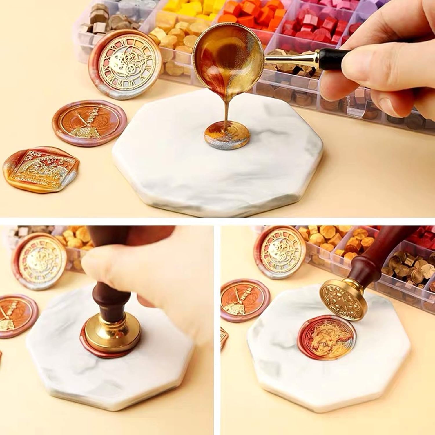 624 cuentas de cera de sellado colorido macarona con 4 velas de té y 1 cuchara de fusión de cera