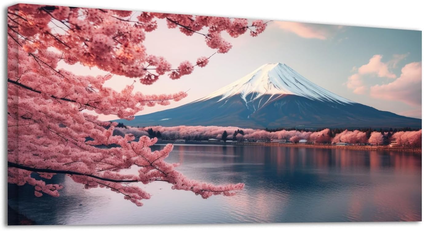 YONICA Arte de pared de montaña para decoración de sala de estar, oficina, paisaje con flores de cerezo rosa y monte Fuji impresión de imagen en