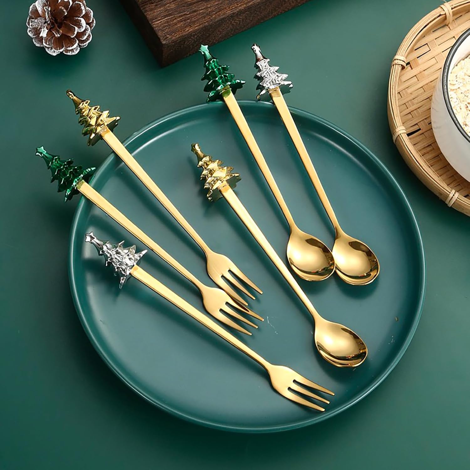 Juego de 6 cucharas de Navidad y tenedores con árbol de Navidad creativo, cucharas de acero inoxidable para café, postre, té, sopa, cucharas para