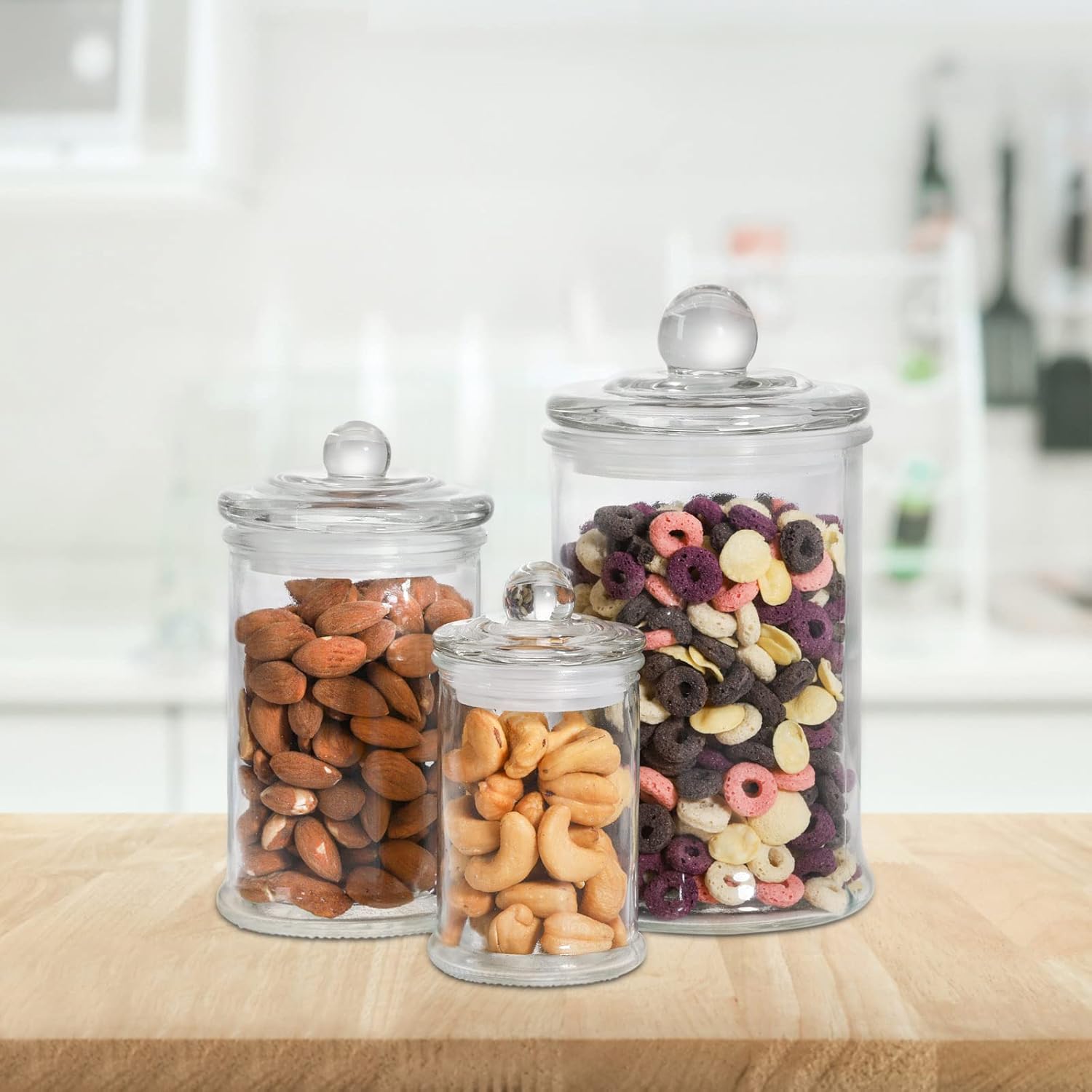Suwimut Juego de 3 tarros de vidrio con tapas, recipientes de baño, tarros de almacenamiento pequeños para cocina, baño, almacenamiento Qtip,