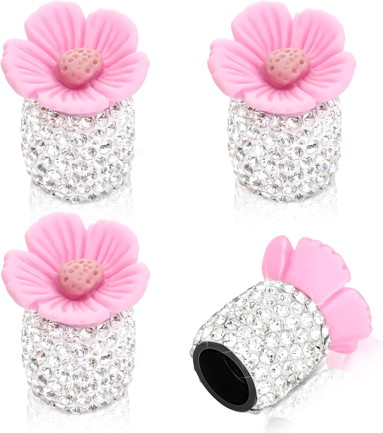 Paquete de 4 tapones de válvula de neumático de automóvil con diamantes de imitación de cristal, flor de Sakura, a prueba de polvo, accesorios