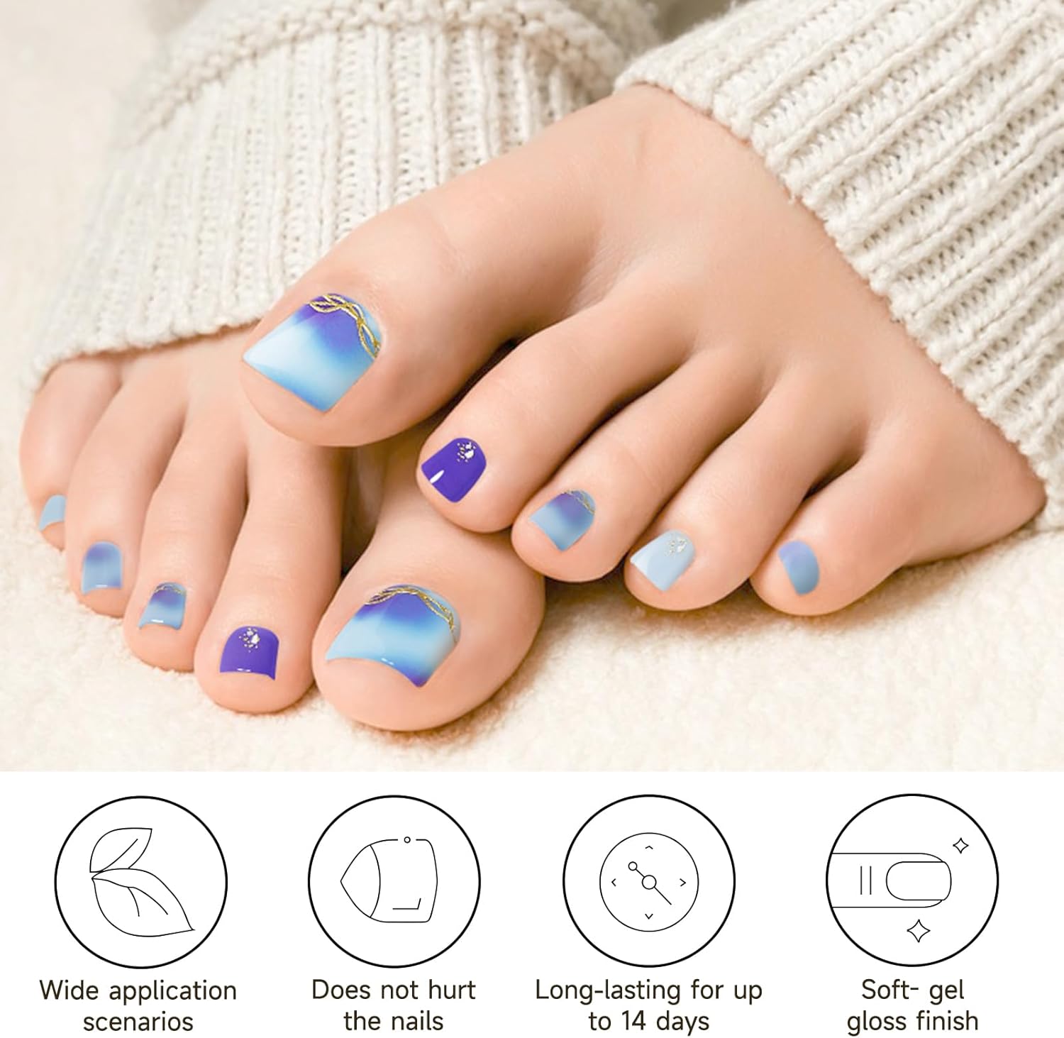 Tiras de pedicura de gel semicuradas, 26 calcomanías de gel para uñas de los pies, envolturas completas de uñas para mujeres y niñas, decoración de
