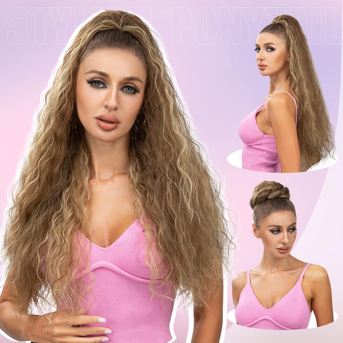 Extensión de cola de caballo con cordón, de 26 pulgadas de largo, esponjoso, ondulado, para mujeres negras, extensiones de cabello rizado para uso