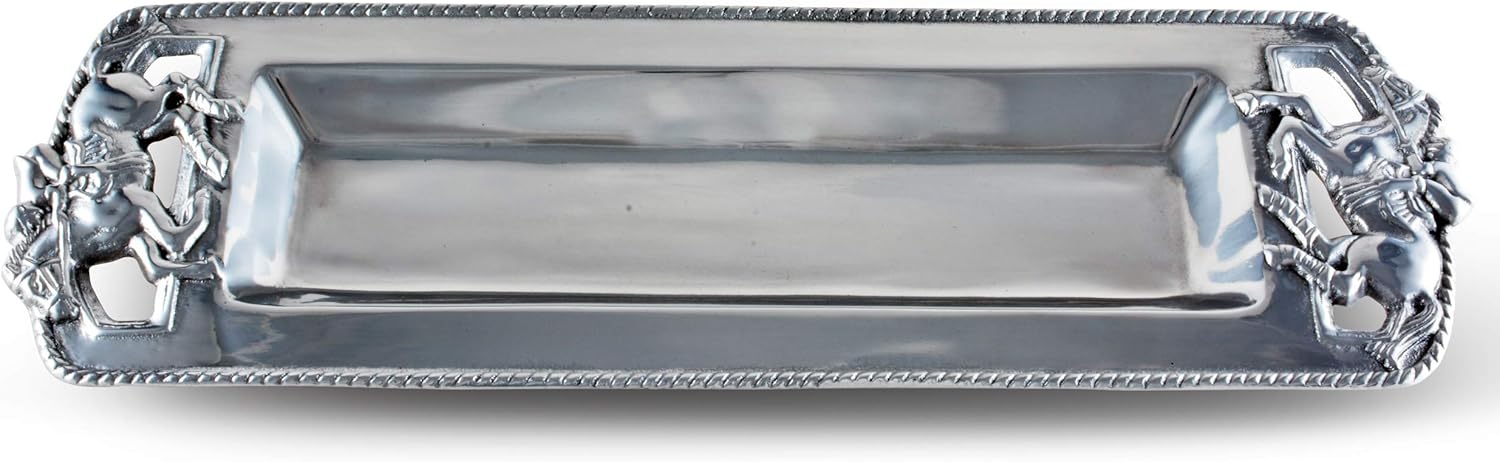 Arthur Court Bandeja de metal de aluminio pura sangre para caballo oblongo, color plateado, decoración equina, 18 x 6 pulgadas
