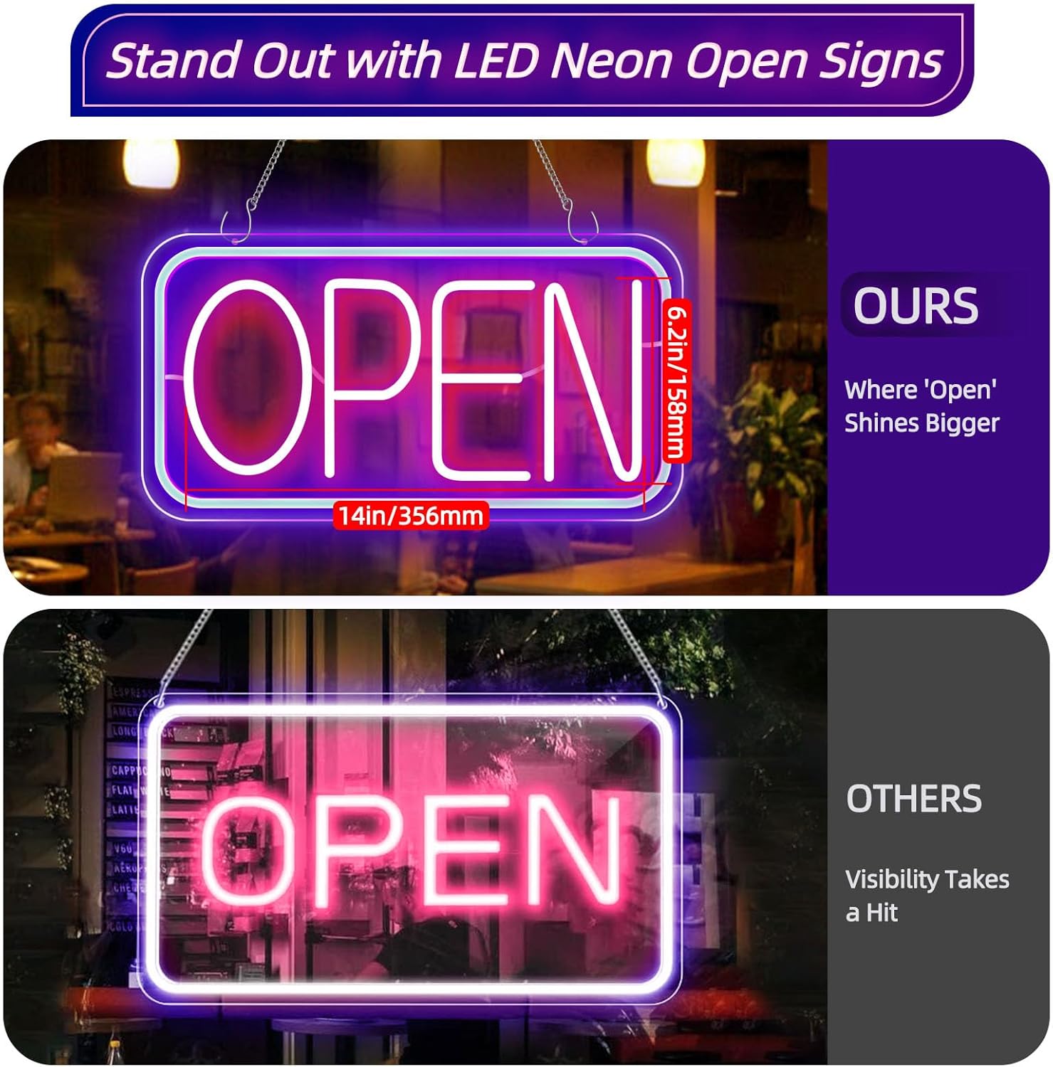 GELBEKUH Letrero LED de neón abierto para negocios, 16.7 x 9.2 pulgadas, ultra brillante, con interruptor de encendidoapagado, luces de neón de