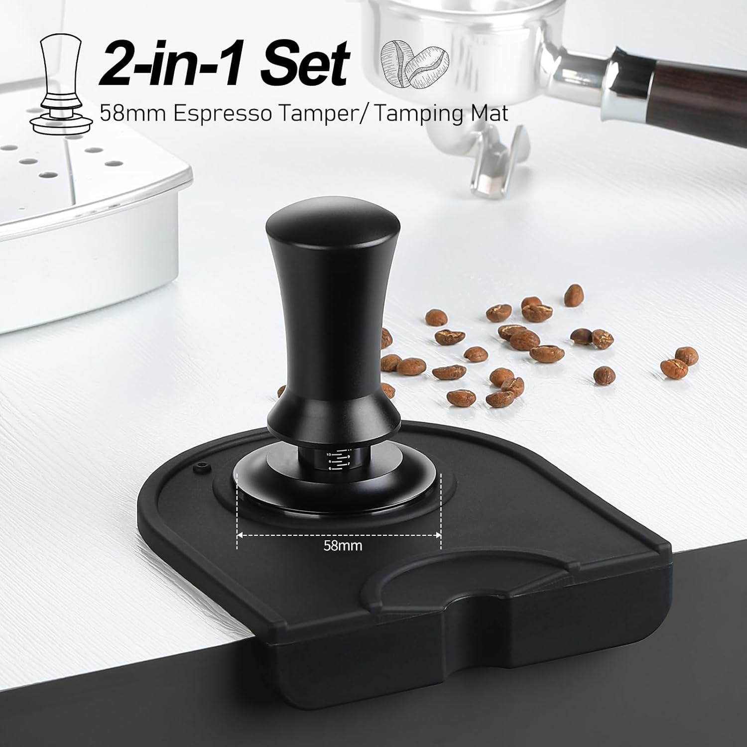 Espresso Tamper – Juego de manipulación de café de 2.283 in, incluye alfombrilla de amortiguación de café, 30 libras calibrada a presión,