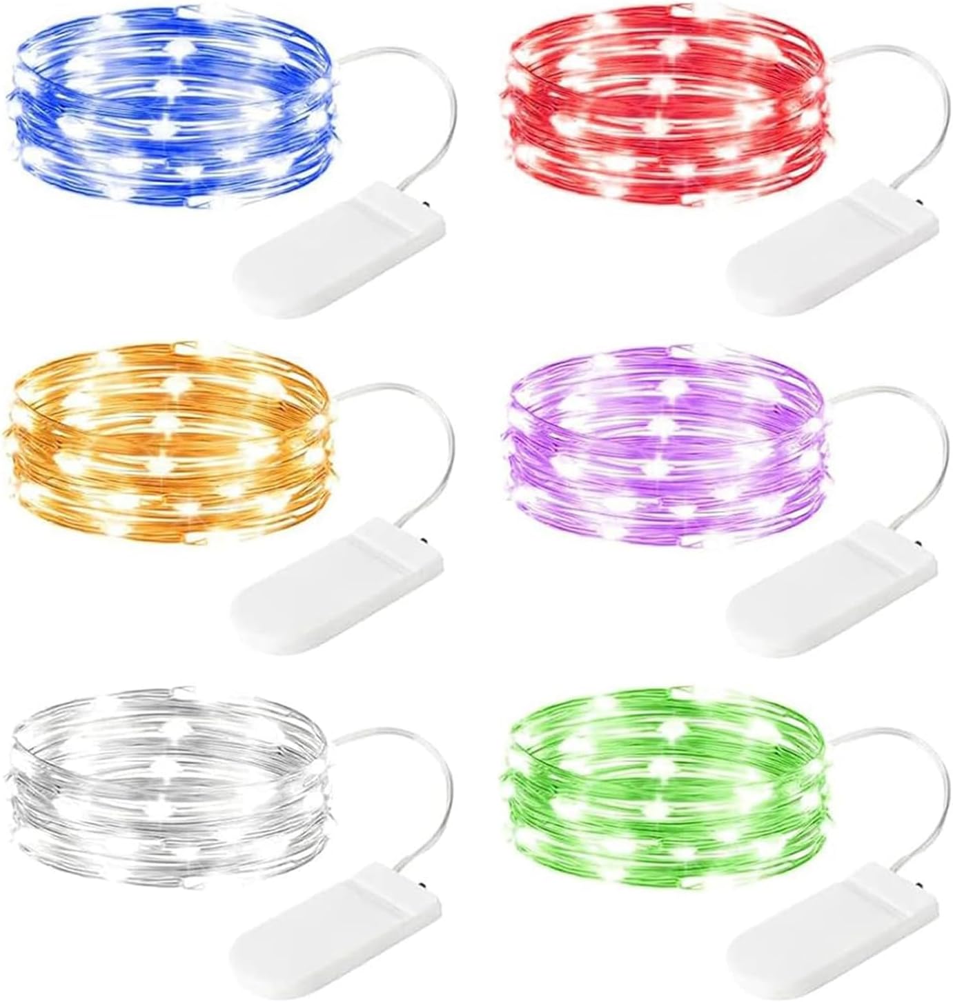 Minetom Paquete de 6 luces de hadas a pilas, 7 pies, 20 LED, impermeables, alambre plateado, luces de luciérnaga impermeables para manualidades,