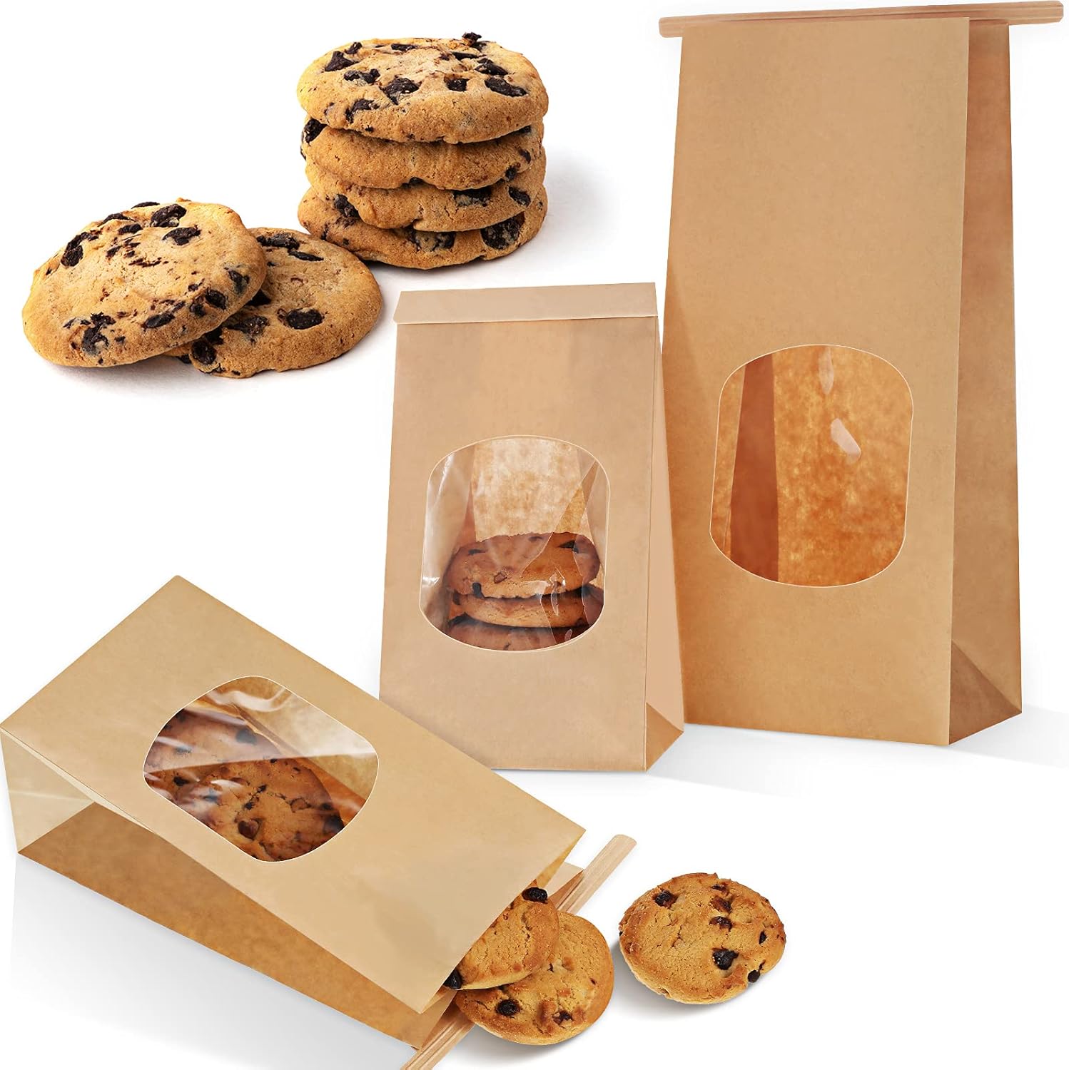 Glenmal 150 bolsas de panadería con ventana, bolsa de embalaje de papel kraft para golosinas, bloqueo de estaño, para galletas, pan, almacenamiento
