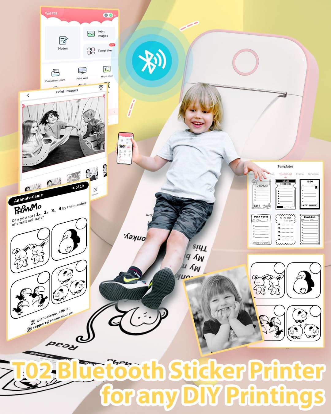 Phomemo Impresora de calcomanías, mini impresora sin tinta, impresora térmica Bluetooth de bolsillo para notas de estudio, calcomanías, fotos,